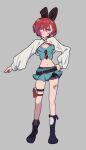  1girl amate_yuzuriha animal_ears aqua_eyes aqua_shirt aqua_skirt blush breasts cleavage closed_mouth commentary_request ensign_(i_can_friday_by_day!) gundam gundam_gquuuuuux hair_ornament haro highres i_can_friday_by_day! long_sleeves looking_at_viewer necktie nontraditional_playboy_bunny oitea_tya rabbit_ears red_hair shirt short_hair simple_background skirt solo 
