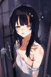  1girl ahoge alternate_costume bare_shoulders black_hair camisole collarbone commentary_request fang highres laby9 mahou_shoujo_no_majo_saiban morning multicolored_hair off_shoulder open_mouth orange_eyes orange_streaks sawatari_coco short_hair sleepy slit_pupils solo squeans strap_slip streaked_hair tono_hanna translation_request upper_body white_camisole 