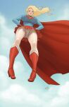  1girl 2026 absurdres blonde_hair blue_eyes blue_shirt blue_sky boots breasts cape commentary day dc_comics devilhs from_below hands_on_own_hips high_heel_boots high_heels highres knee_boots large_breasts long_hair looking_at_viewer looking_down outdoors panties pleated_skirt red_boots red_cape red_skirt shirt signature skirt sky supergirl superman_(series) underwear upskirt white_panties 