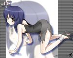  all_fours back bandages blue_hair breasts brown_eyes empty_eyes flat_chest jinki kawamoto_satsuki panties sideboob skirt small_breasts solo torn_clothes tsunashima_shirou underwear wallpaper white_panties zoom_layer 