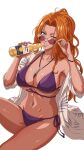  1girl adjusting_eyewear alcohol beer beer_bottle bikini bleach bleach:_brave_souls blonde_hair blue_eyes bottle bracelet breasts cleavage collarbone commentary_request corona_(brand) curtained_hair feather_necklace floral_print floral_print_shirt glasses hand_on_eyewear hand_up highres holding holding_bottle huge_breasts jewelry lips long_hair looking_at_viewer looking_over_eyewear matsumoto_rangiku matsumoto_rangiku_(2021_swimsuit) navel necklace one_eye_closed open_clothes open_shirt orange_hair parted_bangs print_shirt purple_bikini shirt side-tie_bikini_bottom simple_background sitting smile solo sunglasses swimsuit thighs tinted_eyewear white-framed_eyewear white_background white_shirt zipy-zip-zip06 