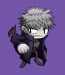  1boy abs absurdres bird black_coat black_eyes black_hair black_skirt chibi chibi_only closed_eyes coat crow evil_grin evil_smile grey_hair grin hand_up highres higureroom looking_at_viewer male_focus melty_blood messy_hair muscular muscular_male nrvnqsr_chaos open_clothes open_coat pale_skin pectorals purple_background red_eyes sharp_teeth short_hair skirt smile teeth toned toned_male trench_coat tsukihime vambraces vampire 