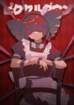  1girl ahoge apron bell bound bound_arms bound_wrists bow chair detached_collar dress drill_hair egh_(ssquan) eye_mask facing_viewer hairband highres kasane_teto maid maid_apron mask neck_bell on_chair pixel_down_(synthesizer_v) puffy_short_sleeves puffy_sleeves red_background red_dress red_hair red_nails ribbon short_sleeves sitting sitting_backwards solo song_name synthesizer_v tied_up_(nonsexual) twin_drills utau white_bow white_ribbon 