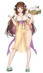  1girl absurdres artist_request ass_visible_through_thighs bamboo_steamer bare_legs breasts brown_dust_(series) brown_dust_2 brown_hair chinese_clothes cleavage clenched_hand collarbone floral_print food full_body game_asset green_shoes hair_ribbon hands_up helena_(brown_dust) helena_(sunny_inn_hand)_(brown_dust) highres holding holding_bamboo_steamer leaf long_hair looking_at_viewer medium_breasts official_alternate_costume official_alternate_hairstyle official_art open_mouth panties purple_eyes ribbon see-through_clothes shoes side_slit skindentation smile solo standing steamed_bun teeth third-party_source transparent_background underwear upper_teeth_only waist_tassel white_panties yellow_ribbon 