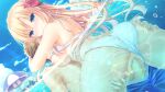  1boy 1girl air_bubble beach_umbrella bikini bikini_bottom_aside bikini_top_lift blonde_hair blue_eyes blue_swim_trunks blush braid breast_rest breasts breasts_on_head brown_hair bubble censored closed_mouth clothes_lift clothing_aside day dutch_angle etoile_terre flower from_behind game_asset hair_flower hair_ornament halterneck hands_on_another's_head hoshi_furu_yoru_no_farnese large_breasts long_hair looking_back mosaic_censoring nipples non-web_source nose_blush outdoors partially_underwater_shot penis pussy self-datamine short_hair sky splashing spread_legs swimsuit umbrella very_long_hair water white_bikini yukie_(peach_candy) yves_klein 