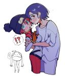  !? 1boy 1girl 1other after_kiss amate_yuzuriha aqua_eyes arm_around_another's_waist beanie blue_hair blush bodysuit commentary cropped_legs gundam gundam_gquuuuuux hand_on_another's_back haro hat holding_another's_arm hug karaage_unai looking_at_viewer mecha_pilot_suit multicolored_hair normal_suit_(gundam) open_mouth pants red_eyes red_hair saliva saliva_trail shirt short_hair shuji_ito simple_background sleeves_rolled_up spoken_interrobang two-tone_hair white_background white_pants white_shirt 