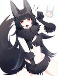  1girl 1other absurdres alternate_costume animal_costume animal_ear_fluff animal_ears black_claws black_gloves black_hair black_tail blue_archive cosplay fake_claws fangs fox_ears fox_girl fur-trimmed_gloves fur-trimmed_socks fur_scarf fur_sleeves fur_trim gloves halloween_costume highres hoshimi_miyabi kazusa_(blue_archive) kazusa_(halloween)_(blue_archive) kyabe54 long_hair navel open_mouth red_eyes simple_background sitting tailless_(zenless_zone_zero) thighs tongue white_background zenless_zone_zero 