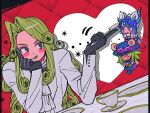  3boys :q animal_ears asami_poe_n bear_ears bear_tail blonde_hair blue_eyes blush_stickers commentary_request cowboy_hat curled_ends elbow_on_table elbow_rest facial_hair fake_animal_ears funny_valentine gloves goggles goggles_on_headwear gold_teeth green_lips grills gyro_zeppeli hand_on_own_face hat head_on_hand head_rest heart heart_ornament highres holding holding_knife horseshoe_hat_ornament horseshoe_ornament johnny_joestar jojo_no_kimyou_na_bouken kemonomimi_mode knife long_hair male_focus mouse_ears mouse_tail multiple_boys shirt smile star_(symbol) steel_ball_run tail tongue tongue_out 