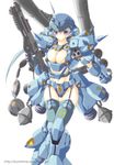  80s bazooka bikini_bottom blue_hair breast_tattoo breasts chain_mine cleavage garter_straps gun gundam gundam_0080 helmet kampfer_(mobile_suit) kousaka_yami large_breasts long_hair machinery mecha mecha_musume medium_breasts midriff navel no_nipples oldschool panzerfaust purple_eyes shotgun simple_background solo sturm_faust tattoo thighhighs watermark weapon web_address white_background 