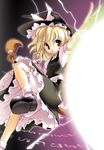  &gt;:) apron blonde_hair bow braid broom flying frilled_skirt frills hat hat_bow kirisame_marisa master_spark shirt shoes skirt skirt_set smile solo toto_nemigi touhou v-shaped_eyebrows vest white_bow white_legwear witch_hat yellow_eyes 