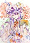  1girl absurdres book bow bowtie commentary_request crescent crescent_hat_ornament dress hair_between_eyes hat hat_ornament highres holding holding_book long_hair long_sleeves looking_at_viewer mob_cap navybluesparrow painting_(medium) patchouli_knowledge pink_dress pink_hat purple_eyes purple_hair red_bow red_bowtie solo striped_clothes striped_dress touhou traditional_media vertical-striped_clothes vertical-striped_dress very_long_hair watercolor_(medium) watermark 