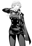  1girl absurdres aiguillette alternate_breast_size_(larger) arm_up biting biting_glove bob_cut breasts commentary_request cowboy_shot earrings gloves goddess_of_victory:_nikke greyscale highres jewelry large_breasts liliweiss_(nikke) looking_at_viewer military_uniform monochrome nr_noir pantyhose ribbon shiny_eyes short_hair side_cape simple_background solo standing star-shaped_pupils star_(symbol) symbol-shaped_pupils white_background 