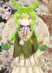  1girl absurdres alternate_costume animal_ears ari_(ariarimofuri) artist_name bow braid green_hair green_sweater hair_bow heart highres jewelry low_ponytail mori_kei necklace pea_pod photo_background ponytail purple_bow scarf skirt solo striped_clothes striped_scarf sweater twin_braids voicevox white_skirt yellow_eyes zundamon 