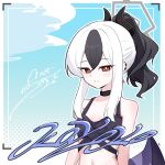  1girl a-dwolf bikini black_bikini black_choker black_hair black_horns blue_archive breasts character_name choker closed_mouth collarbone commentary_request demon_horns ear_piercing hair_between_eyes halo horns kayoko_(blue_archive) looking_at_viewer mole mole_on_neck multicolored_hair piercing ponytail purple_wings red_eyes sidelocks single_wing small_breasts solo stomach swimsuit two-tone_hair white_hair wings 
