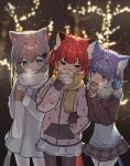  >_< 3girls ahoge akami_karubi animal_ear_fluff animal_ears black_pantyhose blue_eyes blunt_bangs blurry blurry_background blush breath cat_ears cat_girl closed_eyes coat commentary_request crazy_raccoon cup depth_of_field food hair_intakes hair_ornament highres holding indie_virtual_youtuber kurageu_roa long_hair long_sleeves multiple_girls nachoneko pantyhose plaid_clothes plaid_skirt pleated_skirt purple_eyes purple_hair red_hair sai_saburou scarf short_twintails skirt snowing steam steamed_bun twintails winter 