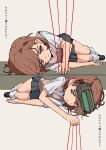  2girls absurdres black_shoes black_skirt bright_pupils brown_eyes brown_hair brown_sweater_vest chinese_commentary commentary_request eyewear_on_head goggles goggles_on_head highres lineup looking_at_viewer lying m57 medium_hair misaka_imouto misaka_mikoto multiple_girls night_vision_device no_emblem on_side school_uniform shirt shoes siblings sisters skirt socks string string_of_fate summer_uniform sweater_vest toaru_kagaku_no_railgun toaru_majutsu_no_index tokiwadai_school_uniform translation_request v-neck white_pupils white_shirt white_socks 
