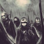  4boys armor army belt breastplate cape closed_mouth commentary_request fantasy flag gauntlets hair_between_eyes helmet highres hood hood_down hood_up hooded_cape jun_(navigavi) lips looking_to_the_side male_focus medium_hair monochrome multiple_boys nose original outdoors people pointy_ears polearm rain reptile_boy sheath sheathed short_hair spear sword sword_on_back upper_body very_short_hair weapon weapon_on_back wet wet_hair 
