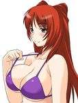  bikini bikini_top blush breasts brown_eyes eyebrows_visible_through_hair huge_breasts kousaka_tamaki purple_bikini_top red_hair shinama simple_background smile solo strap_pull swimsuit to_heart_2 upper_body white_background 