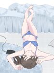  1girl absurdres barefoot bed black_hair blue_bra blue_panties bra breasts brown_eyes cellphone charging_device commentary_request highres kaga_(kancolle) kantai_collection looking_at_viewer lying medium_breasts miroku_(miroku_agiri78) panties phone side_ponytail smartphone solo underwear underwear_only 