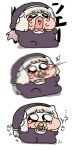  1girl black_coif black_eyes blonde_hair blush chibi chibi_only commentary_request full_body long_hair meme onesie open_mouth pacifier shinmochi simple_background speaki_(trickcal) speakiposting_(meme) tearing_up translation_request trickcal white_background 