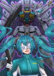  1girl aqua_eyes beam_rifle commentary_request cosplay crossover energy_gun eye_mask eye_trail gloves glowing glowing_eyes gun gundam gundam_seed hair_ornament handgun hatsune_miku holding holding_energy_gun holding_gun holding_weapon light_trail long_hair mask mecha mecha_pilot_suit mobile_suit normal_suit_(gundam) open_mouth providence_gundam rau_le_creuset rau_le_creuset_(cosplay) robot science_fiction teeth twintails v-fin vocaloid weapon white_gloves yts480_tea 