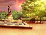  bench bush cloud evening fence fountain game_asset lamppost no_humans non-web_source official_art outdoors park pink_sky pool scenery seisenki_valkyrie_sisters self-datamine sky statue sunset tile_floor tiles tree visual_novel_cg water 