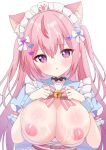  1girl ahoge animal_ears bell belt black_bow black_bowtie black_choker blue_dress blue_sailor_collar blue_wrist_cuffs blush bow bowtie breasts cat_ears cat_girl choker cleavage commentary_request cum cum_on_body cum_on_breasts cum_on_hair dress drooling fang hair_bow hair_ornament hairclip heart heart_hair_ornament highres hiiragisensei indie_virtual_youtuber jingle_bell large_breasts long_hair looking_at_viewer maid maid_headdress multicolored_hair nipples open_mouth paw_print pink_belt pink_bow pink_eyes pink_hair sailor_collar short_sleeves simple_background solo streaked_hair striped_bow sweat tongue two_side_up virtual_youtuber white_background white_bow white_dress wrist_cuffs yuuki_sakuna 