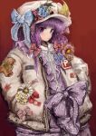  1girl blue_bow blue_flower bow crescent crescent_hat_ornament daisy_(flower) dress flower hair_bow hands_in_pockets hat hat_ornament highres jacket long_hair looking_at_viewer patch patchouli_knowledge power_item_(touhou) purple_bow purple_dress purple_eyes purple_hair red_background red_bow red_flower ribbon shirt si_toyaka solo stuffed_animal stuffed_toy teddy_bear touhou white_hat white_jacket white_shirt 