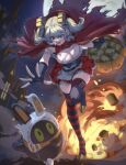  1girl absurdres alternate_costume bangboo_(zenless_zone_zero) black_gloves black_thighhighs blonde_hair breasts burnice_white chasing cosplay dress eous_(zenless_zone_zero) explosion fingerless_gloves full_moon gloves highres holding hood large_breasts little_red_riding_hood_(fairy_tale_character) little_red_riding_hood_(fairy_tale_character)_(cosplay) looking_at_viewer moon night open_mouth outdoors red_eyes red_hood red_thighhighs riria_kaiga scared sky stalking striped_clothes striped_thighhighs thighhighs torn_clothes twintails zenless_zone_zero 