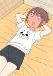  1girl arms_behind_back bed black_shorts blush brown_hair emphasis_lines full-face_blush hands_up indoors juukyuu lying navel o_o on_back on_bed open_mouth original pillow ponytail shirt short_sleeves shorts solo sweat trembling white_shirt 