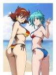  2girls absurdres allenby_beardsley aqua_eyes aqua_hair ass beach bikini blurry blurry_background breasts brown_hair commentary earrings ehou_mangan flag_print flag_print_bikini g_gundam german_flag_bikini gundam hairband halterneck highres jewelry large_breasts medium_breasts multiple_girls print_bikini rain_mikamura short_hair side-tie_bikini_bottom sideboob smile string_bikini swimsuit v 