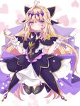  1girl ahoge black_ribbon black_thighhighs blonde_hair blush capelet commentary_request cure_arcana_shadow diamond_hairband dress eyelashes frills gradient_hair hair_intakes hair_ornament hair_ribbon heart highres jewelry jumping layered_skirt meitantei_precure! moria_luluka multicolored_hair nanase_nao neck_ribbon pink_hair pout precure purple_nails ribbon skirt solo thighhighs two-tone_hair wrist_cuffs 