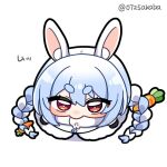  0725akaba 1girl animal_ear_fluff animal_ears black_gloves blue_hair blush braid carrot_hair_ornament chibi chibi_only coat commentary food-themed_hair_ornament from_above full_body gloves hair_between_eyes hair_ornament hat hololive long_hair looking_at_viewer multicolored_hair rabbit-shaped_pupils rabbit_ears rabbit_girl red_eyes simple_background solo symbol-shaped_pupils thick_eyebrows twin_braids twitter_username two-tone_hair untranslatable_commentary usada_pekora virtual_youtuber white_background white_coat white_hair white_hat yurie_mouth 