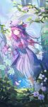  1girl absurdres blue_bow boots bow capelet chinese_commentary commentary_request crescent crescent_hat_ornament dress falling_petals flower flower_request footwear_bow full_body gan_cao_xuan_mi_su hair_bow hat hat_ornament highres leg_up lily_(flower) lily_of_the_valley long_hair long_sleeves looking_at_viewer mob_cap multiple_hair_bows patchouli_knowledge petals pink_capelet pink_dress pink_flower pink_hat purple_eyes purple_hair red_bow solo standing standing_on_one_leg striped_clothes striped_dress touhou vertical-striped_clothes vertical-striped_dress very_long_hair white_boots white_flower white_lily yellow_bow 