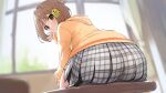  1girl absurdres ass ass_focus blurry blurry_background brown_eyes brown_hair classroom commentary_request desk from_behind frown gingham_clothes gingham_skirt grey_skirt hair_intakes hair_ornament hair_rings highres hood hood_down hooded_jacket jacket leaning_forward looking_at_viewer looking_back miniskirt on_desk pleated_skirt school_desk school_uniform sendo_yuuhi sendo_yuuhi_(1st_costume) short_hair single_hair_ring sitting skirt solo v-shaped_eyebrows virtual_youtuber vspo! wafuchickensand yellow_jacket 