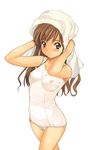  a1 brown_eyes brown_hair closed_mouth long_hair maria-sama_ga_miteru nipples one-piece_swimsuit pubic_hair school_swimsuit see-through solo swimsuit toudou_shimako towel towel_on_head white_school_swimsuit white_swimsuit 