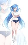  1girl alternate_costume arms_under_breasts blue_eyes blue_hair blue_shorts blush breasts check_clothing clothing_request commentary_request crossed_arms earrings forehead_tattoo full_body hair_intakes hair_ornament hair_stick highres jewelry korean_commentary kwang_xo large_breasts long_hair looking_at_viewer parted_bangs qingxiao_(wuthering_waves) shirt shoes shorts simple_background socks tattoo white_background white_shirt white_shoes white_socks wuthering_waves zoom_layer 