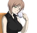  artist_request bare_arms blush breasts brown_hair collared_shirt cup heterochromia holding holding_cup large_breasts rozen_maiden shirt short_hair sleeveless solo souseiseki tea teacup 