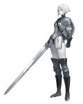  1girl absurdres armor bob_cut boots commentary_request full_body greyscale highres inverted_bob km_yama knee_armor knee_boots monochrome original shield short_hair shoulder_armor solo standing sword weapon weapon_request white_background 