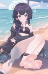  1girl absurdres bandeau bikini black_bikini black_hair black_robe blue_archive braid braid_over_shoulder breasts butterfly_hair_ornament clothing_cutout commentary_request diamond_cutout eugenecolin feet foot_focus foreshortening grey_eyes grey_halo hair_ornament halo highres kisaki_(blue_archive) kisaki_(swimsuit)_(blue_archive) long_hair looking_at_viewer navel official_alternate_costume official_alternate_hairstyle presenting_foot purple-tinted_eyewear robe robe_partially_removed shower_head side_braid small_breasts soles solo stomach sunglasses swimsuit tinted_eyewear toes unworn_robe very_long_hair 
