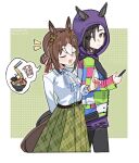  2girls air_shakur_(casual)_(umamusume) air_shakur_(umamusume) animal_ears black_hair black_pantyhose blush breasts brown_hair casual cellphone chain chain_earrings closed_eyes closed_mouth clover_hair_ornament ear_chain ears_through_hood eyebrow_piercing face_piercing fine_motion_(casual)_(umamusume) fine_motion_(umamusume) food forehead_piercing green_skirt hair_between_eyes hair_ornament highres holding holding_phone hood hoodie horse_ears horse_girl horse_tail instant_noodles jacket linked_piercing long_hair long_sleeves multicolored_hair multicolored_jacket multiple_girls noodles open_mouth pantyhose phone piercing purple_hoodie purple_shorts ramen saramiao-chan shirt shorts skirt smartphone smile spoken_food tail umamusume white_hair white_shirt yellow_eyes 