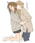  2girls barefoot black_shorts blush bokujou_monogatari bokujou_monogatari:_youkoso!_kaze_no_bazaar_e brown_hair brown_shirt closed_eyes closed_mouth commentary_request dayama freya_(bokujou_monogatari) grey_hoodie grey_pants haruka_(bokujou_monogatari) highres holding_another's_wrist hood hoodie kneeling long_hair multiple_girls pants parted_lips shirt shorts simple_background sweat white_background yuri 