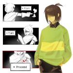  1other black_shirt bo_u_1 brown_hair cape collared_shirt colored_skin commentary deltarune english_text green_sweater heart highres kris_(dark_world)_(deltarune) kris_(deltarune) long_sleeves multiple_views other_focus partially_shaded_face pointing puffy_long_sleeves puffy_sleeves red_soul_(utdr) shirt short_hair single_horizontal_stripe soul_(utdr) sweater sword utdr_(toby_fox) weapon weird_route_(deltarune) yellow_skin 
