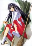  animal bamboo_broom black_hair broom cat copyright_request hakama japanese_clothes kannagi_rei long_hair long_sleeves miko open_mouth red_hakama resized shoes single_shoe sitting solo tabi tree white_legwear yellow_eyes zouri 