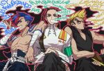  3boys bandaged_arm bandages black_eyes black_hair black_pants black_shirt blonde_hair blue_eyes blue_hair body_markings bright_pupils brown_gloves brown_hair chest_sarashi commentary_request english_text fingerless_gloves gloves hair_pulled_back high_collar holding holding_hookah hookah kamina_(ttgl) kamina_shades kittan_bachika long_hair long_sleeves multicolored_hair multiple_boys muscular muscular_male pants red_eyes rossiu_adai sarashi shirt short_hair shoulder_boards single_bang sleeveless sleeveless_shirt smoke smoking tattoo tengen_toppa_gurren_lagann tetsuk_g topless_male turtleneck two-tone_hair undercut v-neck white_pupils 