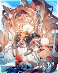  1girl angelina_(arknights) angelina_the_mellow_wish_(arknights) animal_ear_fluff animal_ears arknights black_collar black_gloves black_hairband brown_hair chinese_commentary collar commentary_request dated detached_sleeves drawn_ears drawn_whiskers fang food fox_ears fox_girl fruit gloves hair_between_eyes hairband hands_up holding holding_letter infection_monitor_(arknights) letter long_hair long_sleeves looking_at_viewer mikri multicolored_hairband open_mouth orange_(fruit) signature sky smile solo striped_sleeves twintails two-tone_hairband upper_body white_sleeves 