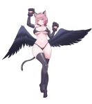  1girl absurdres animal_ears animal_hands bikini black_bikini black_thighhighs black_wings breasts cat_ears cat_tail commentary fake_animal_ears fake_tail full_body gloves highres looking_at_viewer medium_hair navel noise_(tkcjfskan69) paw_gloves pink_hair pointy_ears purple_eyes remielle_dan simple_background solo stomach swimsuit tail thighhighs thighs white_background wings zenless_zone_zero 
