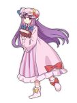  1girl blue_bow book boots bow closed_mouth commentary_request crescent crescent_hat_ornament dress footwear_bow full_body hat hat_ornament highres holding holding_book long_hair looking_at_viewer mob_cap nnn_lu one-hour_drawing_challenge patchouli_knowledge pink_boots pink_dress pink_hat purple_eyes purple_hair red_bow simple_background solo striped_clothes striped_dress touhou vertical-striped_clothes vertical-striped_dress very_long_hair white_background yellow_bow 