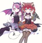  1girl :t akami_karubi animal_ears animal_hands bare_shoulders bat_wings black_gloves black_thighhighs blue_eyes blush braid breasts candy cleavage_cutout clothing_cutout commentary crazy_raccoon demon_horns demon_tail demon_wings detached_sleeves dress fishnet_thighhighs fishnets food garter_straps gloves gradient_eyes grey_gloves halloween highres holding holding_candy holding_food horns looking_at_viewer multicolored_eyes multiple_girls parted_bangs paw_gloves puffy_short_sleeves puffy_sleeves purple_eyes purple_hair purple_thighhighs red_hair sai_saburou selly55 short_sleeves sitting skirt sleeveless sleeveless_dress striped_background tail thighhighs twin_braids untranslatable_commentary wings yellow_eyes 