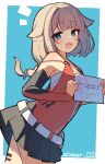  1girl :d bare_shoulders black_skirt black_sleeves blonde_hair blue_background blue_eyes blunt_bangs blush border bright_pupils cevio commentary_request cowboy_shot detached_sleeves hair_intakes highres holding holding_letter letter long_sleeves looking_at_viewer miniskirt notice_lines one_(cevio) open_mouth orange_shirt orange_sleeves outside_border pleated_skirt shirt short_hair simple_background skirt sleeveless sleeveless_shirt smile solo tetenka translation_request twitter_username two-tone_sleeves white_border white_pupils 